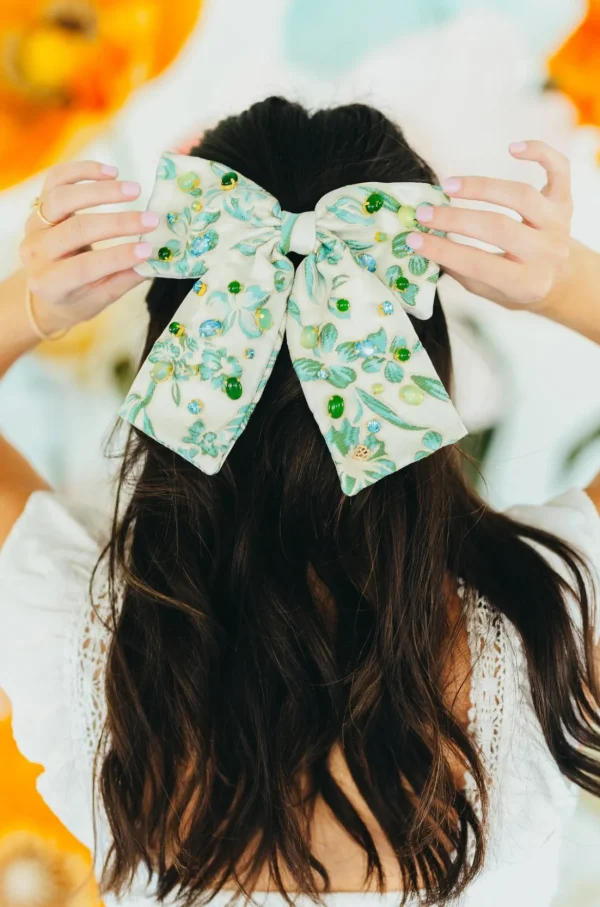 Blue & Green Floral Barrette Bow With Cabochons & Crystals-Brianna Cannon Online