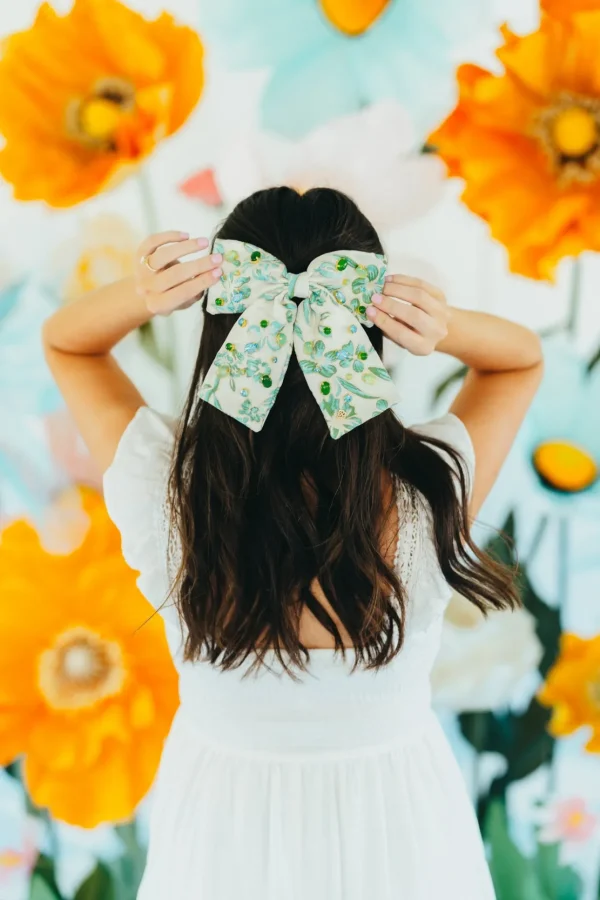 Blue & Green Floral Barrette Bow With Cabochons & Crystals-Brianna Cannon Online