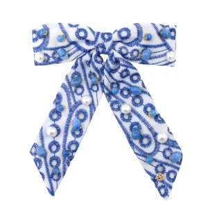 Blue & White Mykonos Eyelet Bow Barrette-Brianna Cannon Online