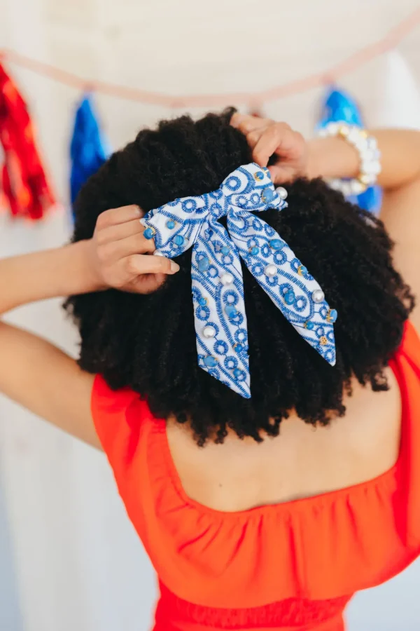 Blue & White Mykonos Eyelet Bow Barrette-Brianna Cannon Online