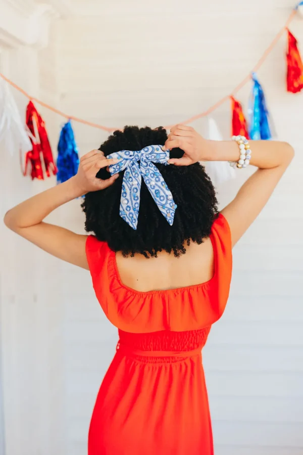 Blue & White Mykonos Eyelet Bow Barrette-Brianna Cannon Online