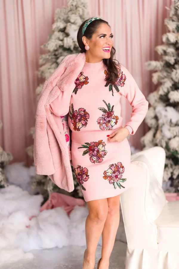 Blushing Pink Floral Knit Pencil Skirt-Brianna Cannon Discount