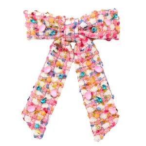 Bubblegum Tweed Bow Barrette With Crystals-Brianna Cannon Sale