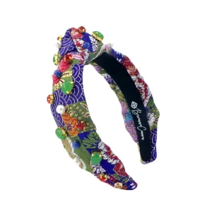 Child Size Blue & Gold Floral Silk Headband with Cabochons & Crystals-Brianna Cannon Best