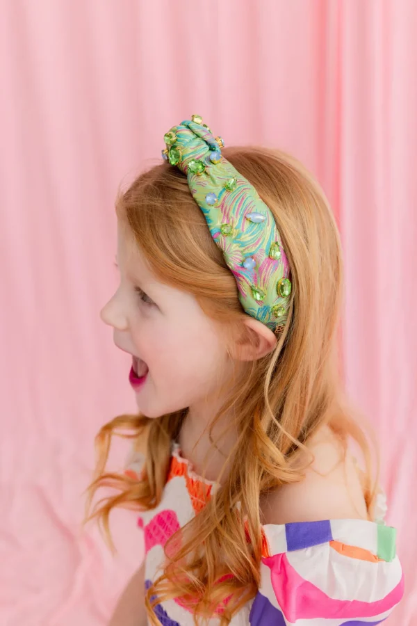Child Size Bright Green Brocade Headband with Pink and Blue-Brianna Cannon Hot