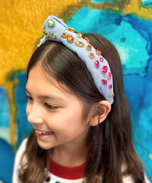 Child Size Denim Headband with Rainbow Gradient Hand-Sewn Crystals-Brianna Cannon Discount