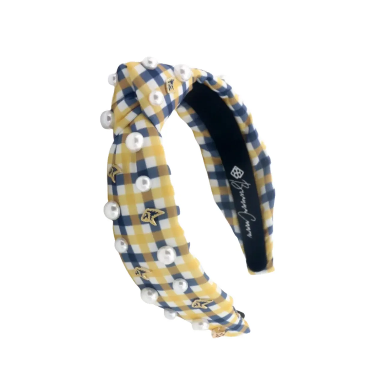 child_size_gold__navy_gin_0.webp Child Size Gold & Navy Gingham PCA Logo Headband With Pearls-Brianna Cannon Sale