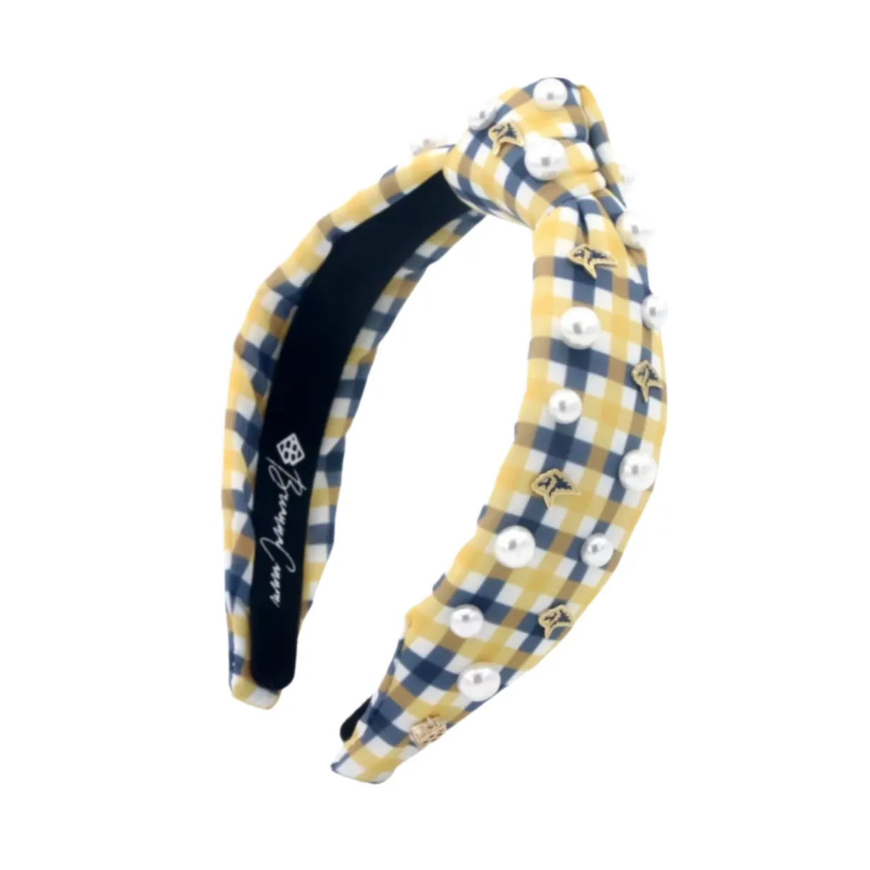 child_size_gold__navy_gin_2.webp Child Size Gold & Navy Gingham PCA Logo Headband With Pearls-Brianna Cannon Sale