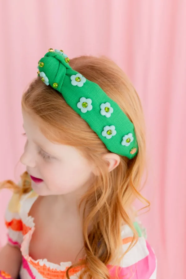 Child Size Green Twill Headband with Blue Flowers-Brianna Cannon Clearance