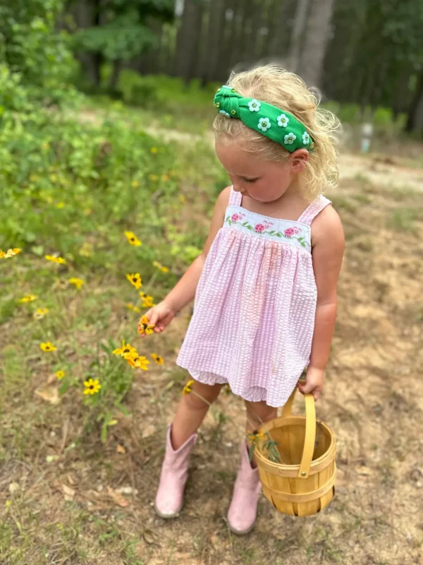 Child Size Green Twill Headband with Blue Flowers-Brianna Cannon Clearance