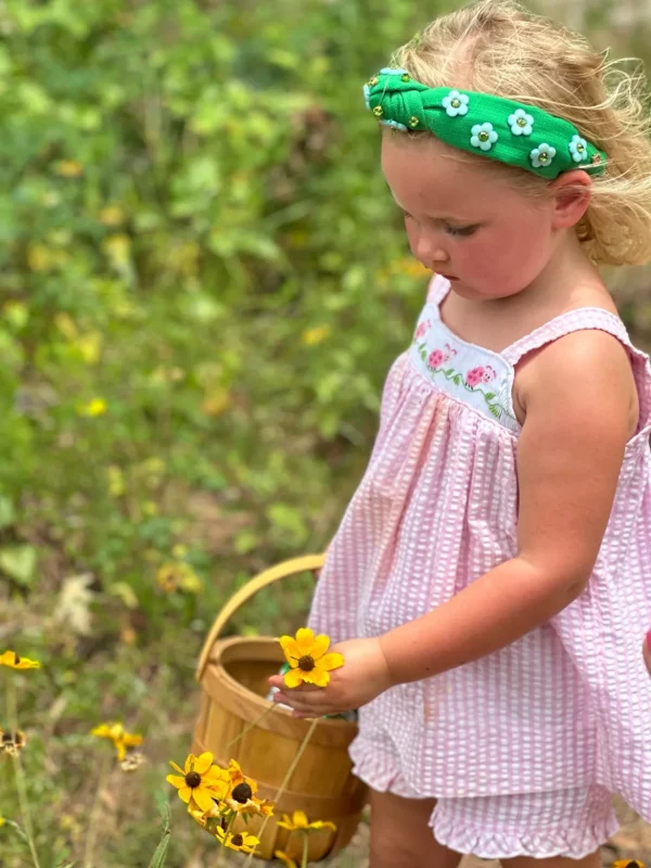 Child Size Green Twill Headband with Blue Flowers-Brianna Cannon Clearance