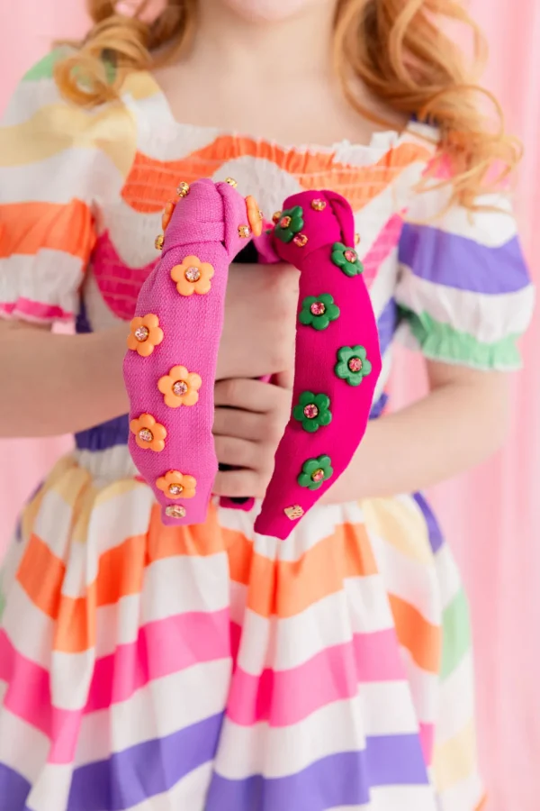Child Size Magenta Twill Headband with Green Flowers-Brianna Cannon Fashion