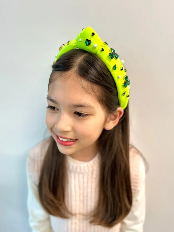 Child Size Neon Green Headband with Shamrock Crystals & Pearls-Brianna Cannon Sale