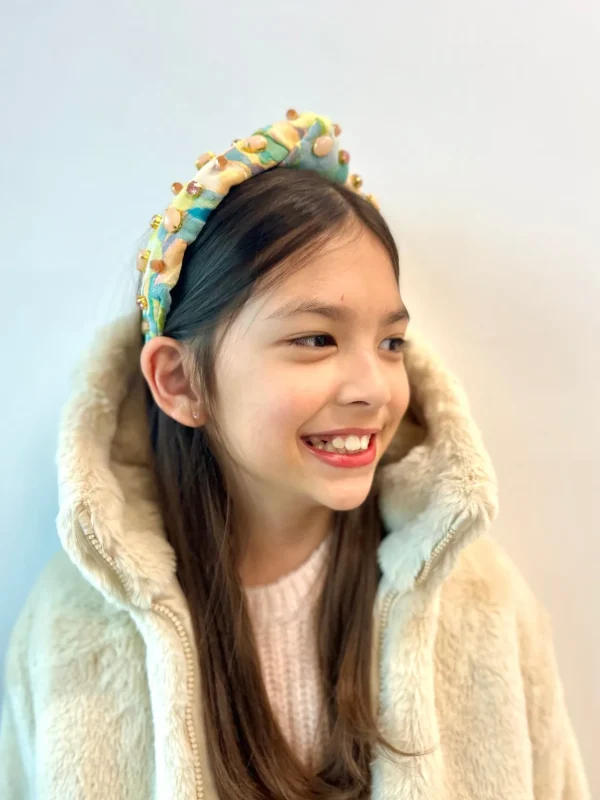 Child Size Peach & Green Floral Headband With Cabochons & Crystals-Brianna Cannon Sale