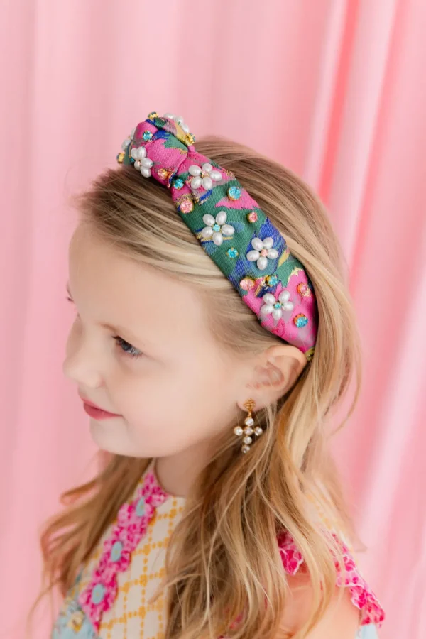 Child Size Pink & Green Spring Brocade Headband with Pearl Flowers & Crystals-Brianna Cannon Discount