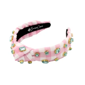 Child Size Pink Gingham Headband with Robin Egg Blue Rhinestones-Brianna Cannon New