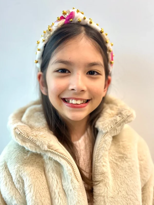 Child Size Pink, Red & Ivory Headband with Gold Beads-Brianna Cannon Clearance