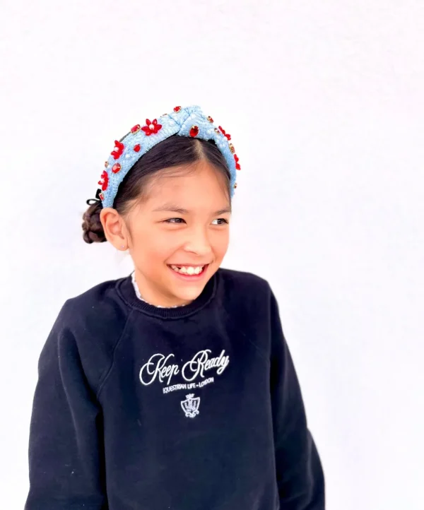 Child Size Powder Blue Crochet Headband With Red Flowers & Pearls-Brianna Cannon Fashion