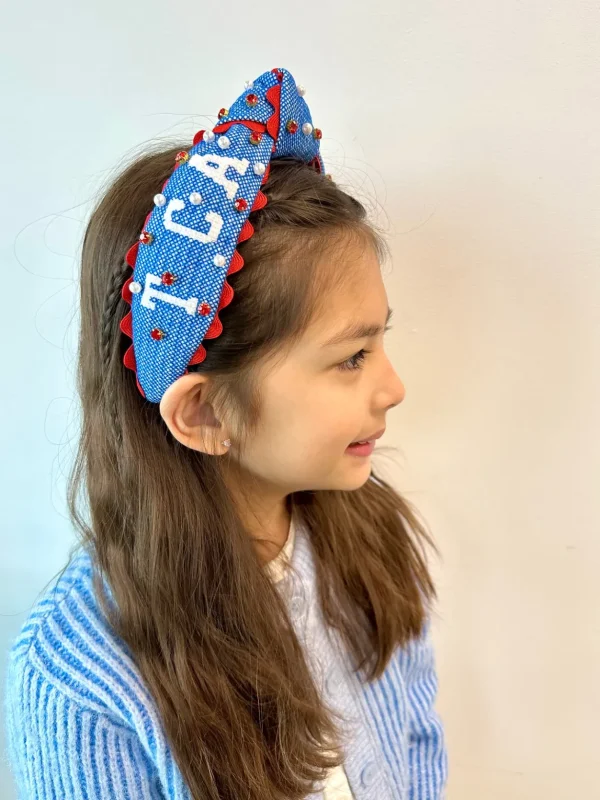 Child Size TCA TROJANS Cross-Stitch Headband With Crystals and Pearls-Brianna Cannon Discount