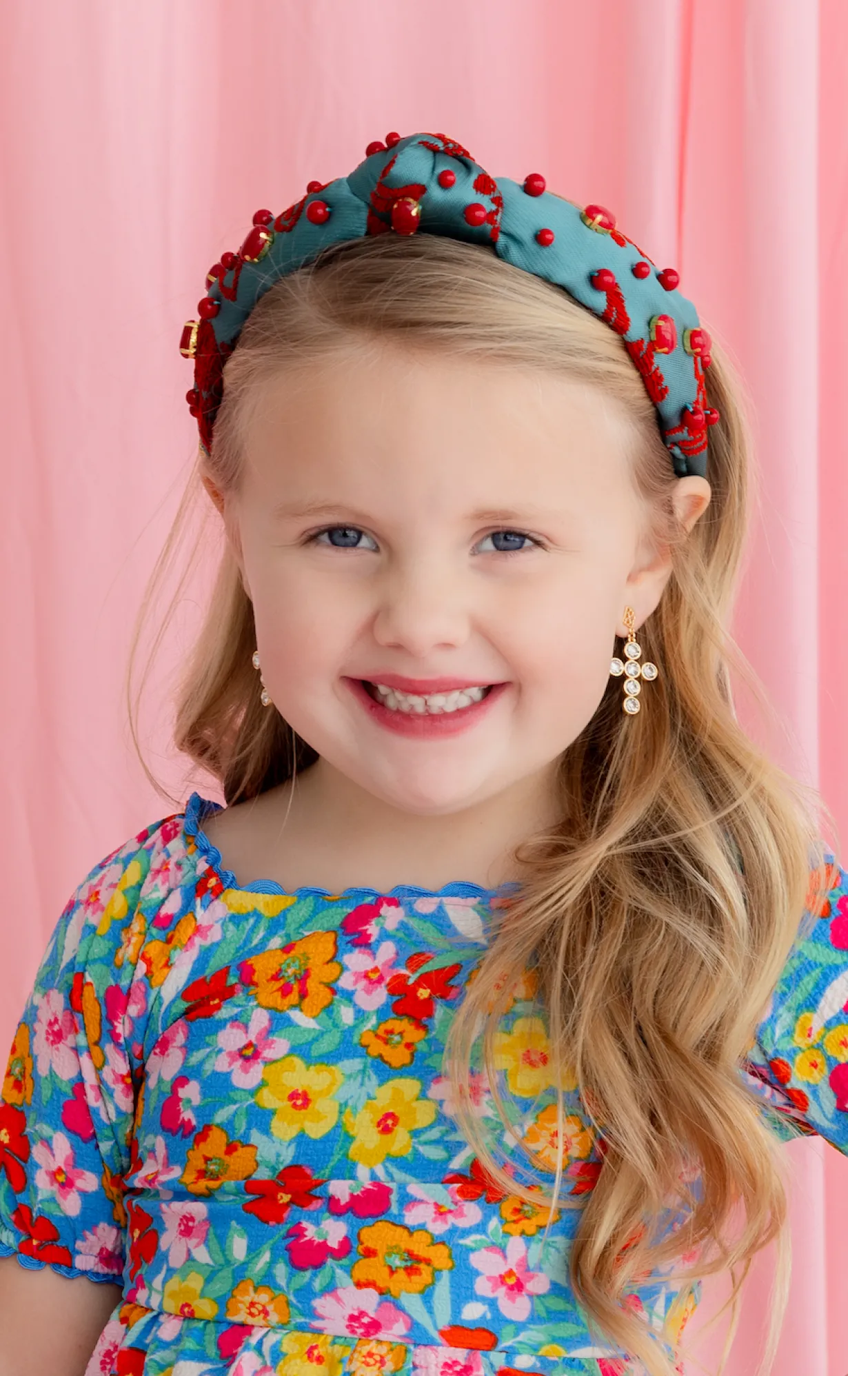 child_size_teal_headband__1.webp Child Size Teal Headband With Red Floral Embroidery and Stones-Brianna Cannon Fashion