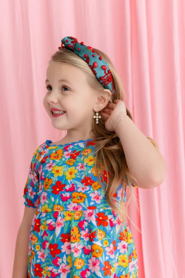 Child Size Teal Headband With Red Floral Embroidery and Stones-Brianna Cannon Fashion