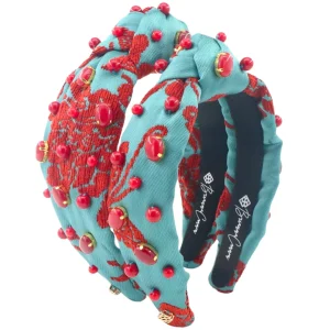 Child Size Teal Headband With Red Floral Embroidery and Stones-Brianna Cannon Fashion