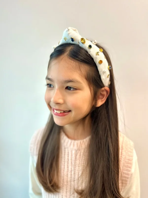 Child Size White PCA Logo Headband With Pearls and Crystals-Brianna Cannon Sale
