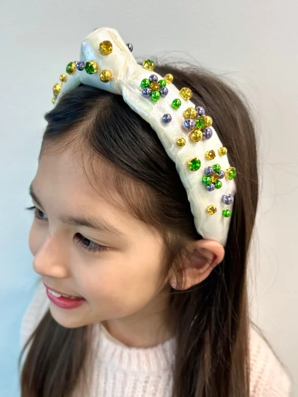 Child Size White Shimmer Mardi Gras Headband with Beads & Crystals-Brianna Cannon Best