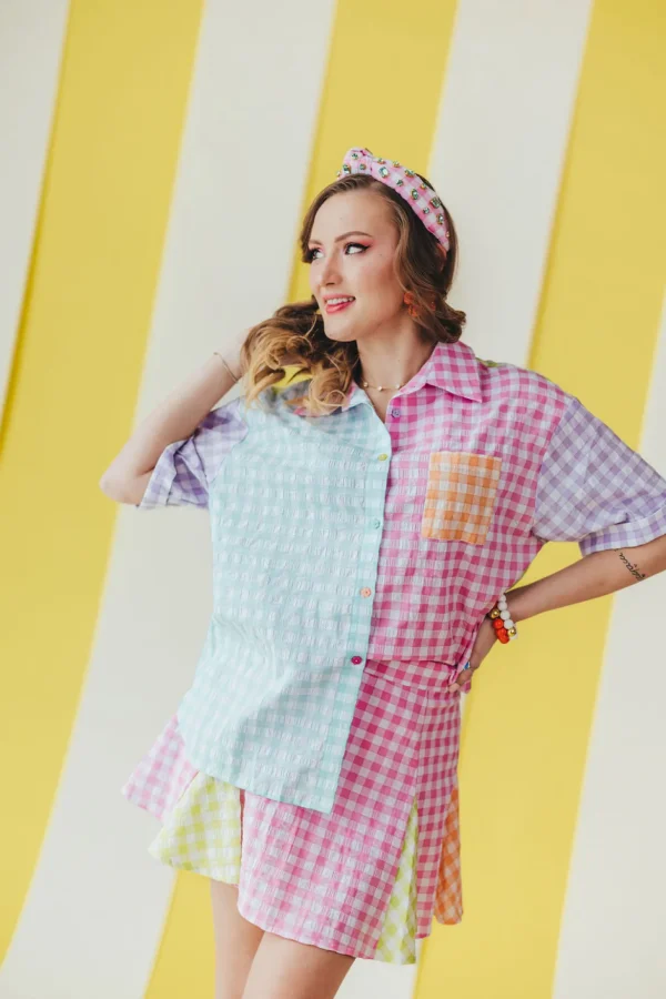 Color Block Gingham Button-Down Shirt-Brianna Cannon Outlet