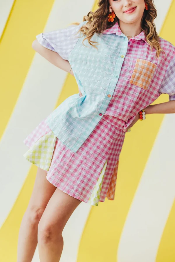 Color Block Gingham Button-Down Shirt-Brianna Cannon Outlet