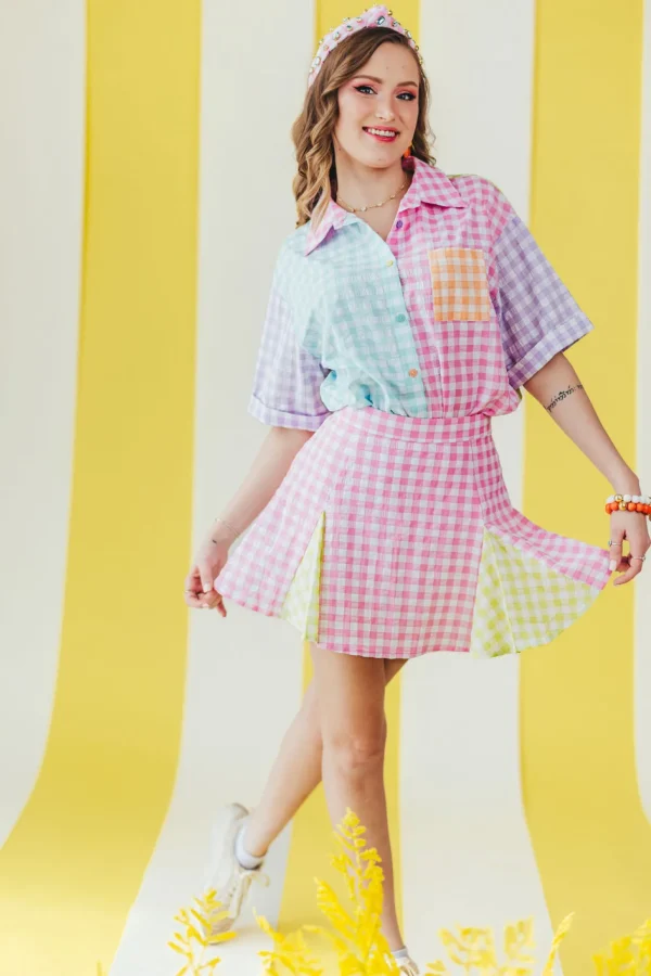 Color Block Gingham Button-Down Shirt-Brianna Cannon Outlet