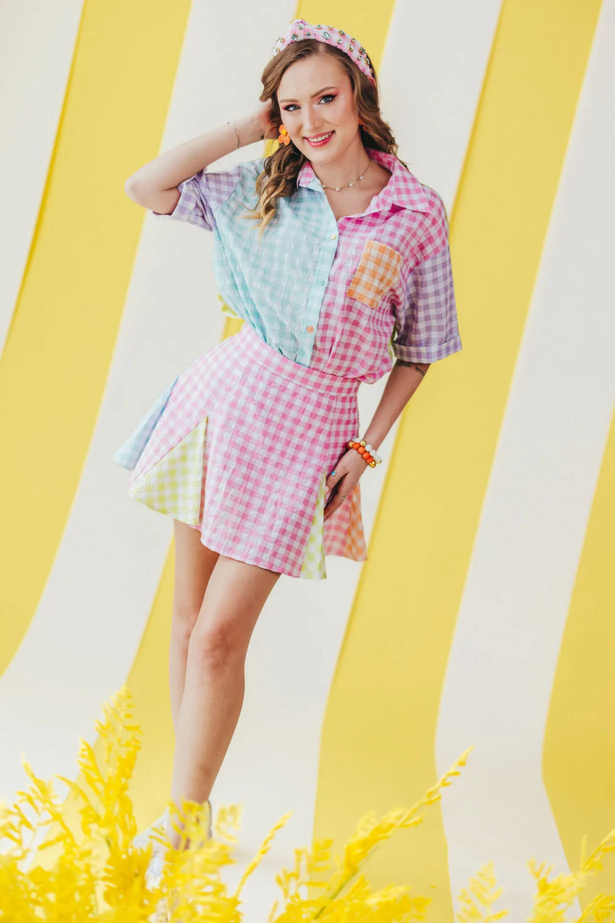 color_block_gingham_pleat_4.webp Color Block Gingham Pleated Skirt-Brianna Cannon New