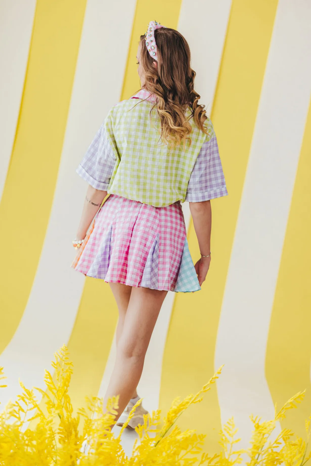 color_block_gingham_pleat_5.webp Color Block Gingham Pleated Skirt-Brianna Cannon New