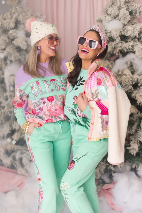 Floral Stripe Fleece-Lined Sweatpants in Mint-Brianna Cannon Outlet