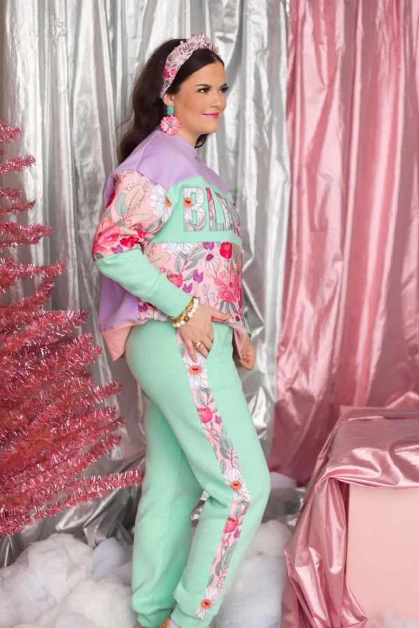 Floral Stripe Fleece-Lined Sweatpants in Mint-Brianna Cannon Outlet