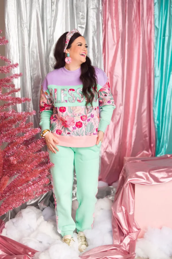 Floral Stripe Fleece-Lined Sweatpants in Mint-Brianna Cannon Outlet