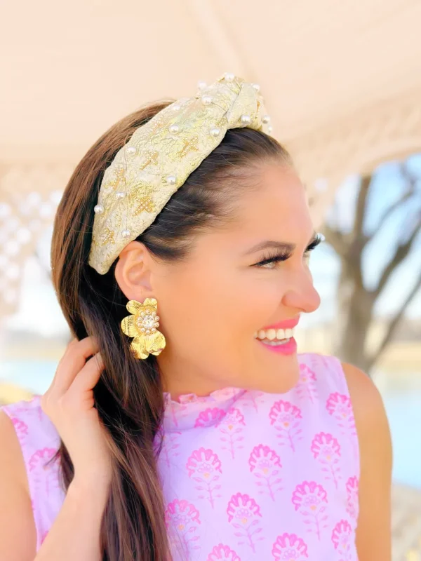 Gold and Ivory Metallic Headband with Pearls and Crosses-Brianna Cannon Hot