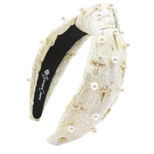 Gold and Ivory Metallic Headband with Pearls and Crosses-Brianna Cannon Hot