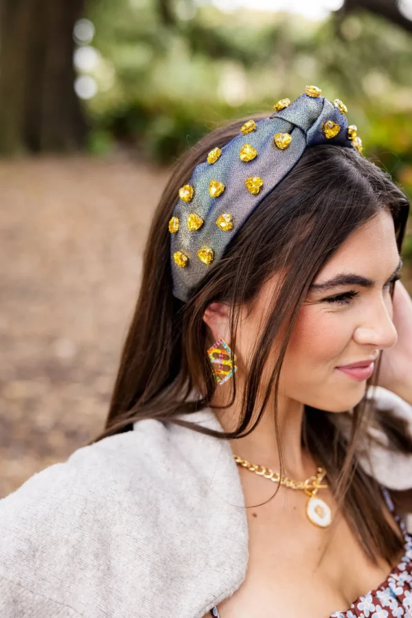 Gold and Navy Shimmer Headband with Gold Crystal Hearts-Brianna Cannon Fashion