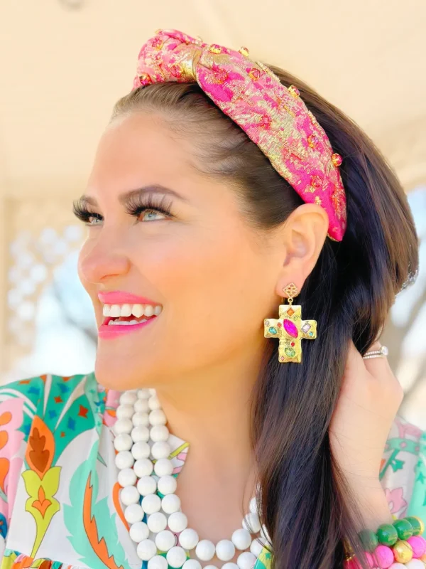 Gold and Pink Metallic Headband with Pink Crystals and Crosses-Brianna Cannon New