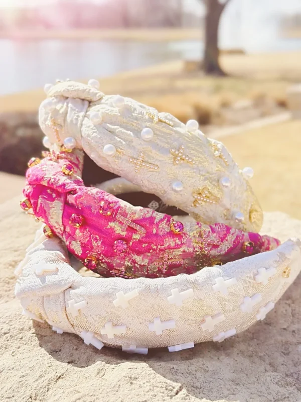 Gold and Pink Metallic Headband with Pink Crystals and Crosses-Brianna Cannon New