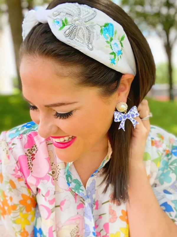 Grandmillennial Collection - Chinoiserie Blue and White Bow Earrings-Brianna Cannon Fashion