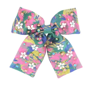 Green & Pink Brocade Bow Barrette with Pearl Flowers & Crystals-Brianna Cannon Clearance