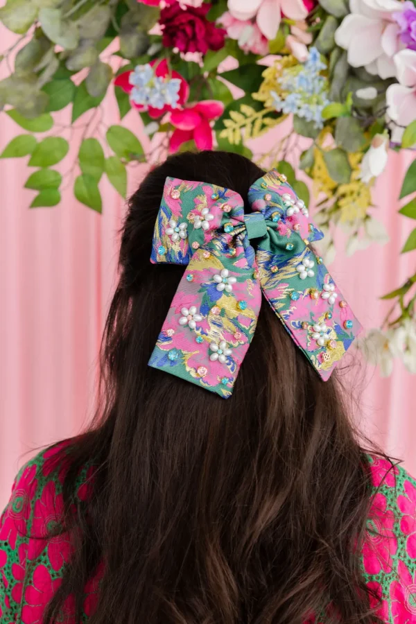 Green & Pink Brocade Bow Barrette with Pearl Flowers & Crystals-Brianna Cannon Clearance