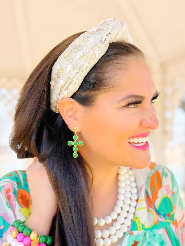 Green Cabochon Cross Earrings-Brianna Cannon Outlet