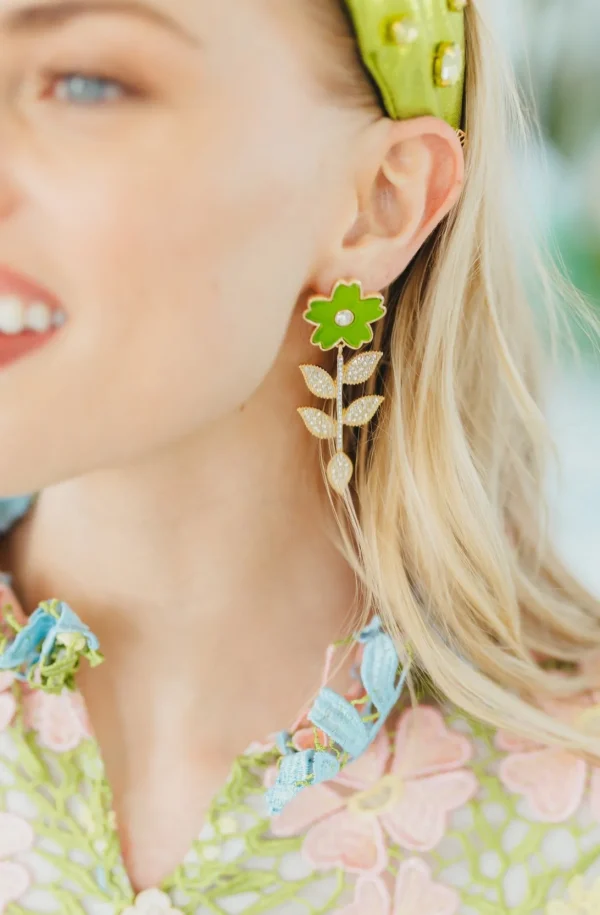 Green Flower Earrings With Crystal Stem-Brianna Cannon New