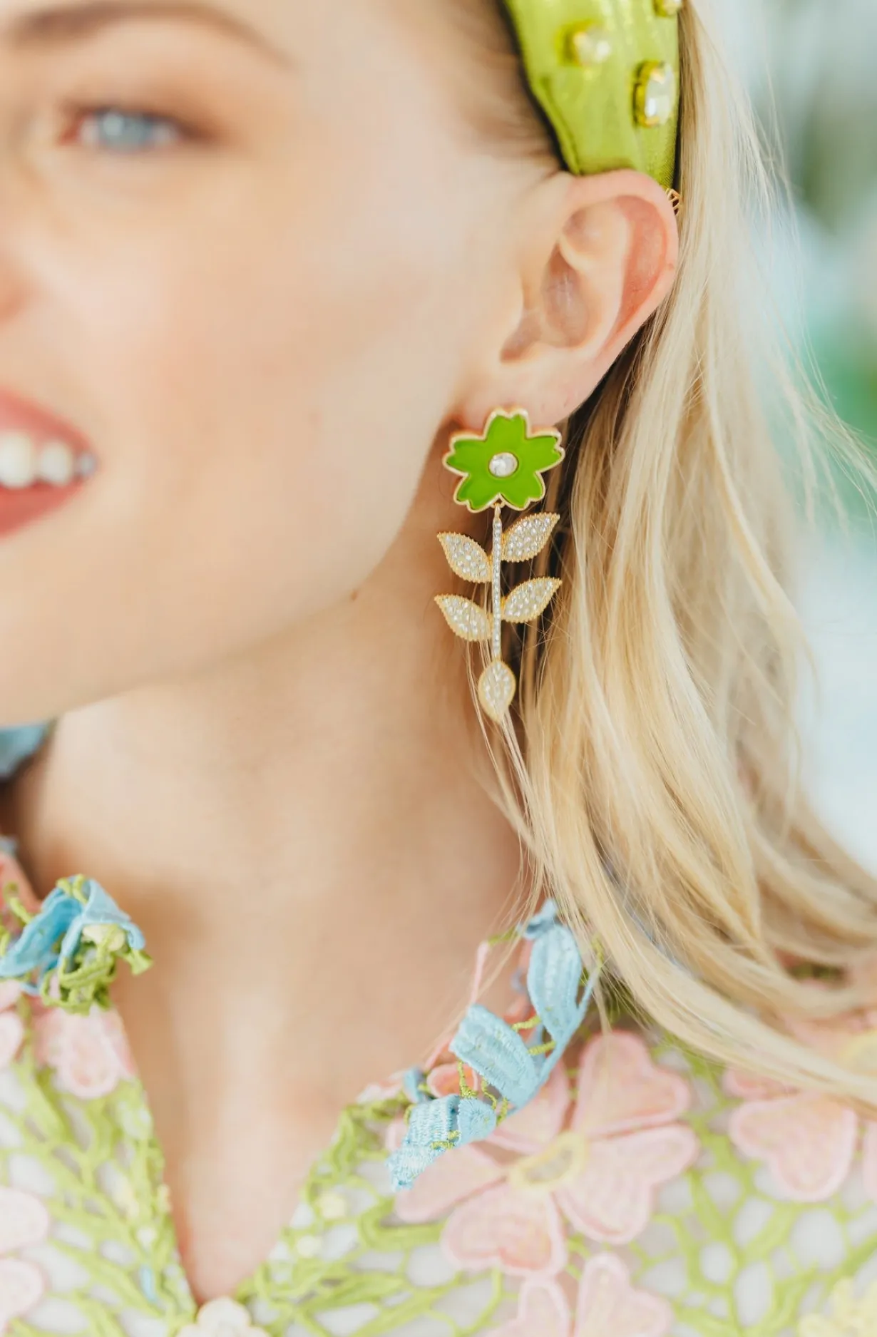 green_flower_earrings_wit_1.webp Green Flower Earrings With Crystal Stem-Brianna Cannon New