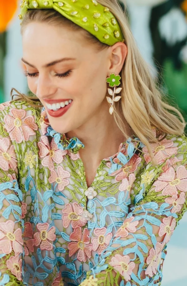 Green Flower Earrings With Crystal Stem-Brianna Cannon New