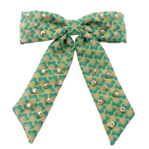 Green Scalloped Bow Barrette With Gold Beads-Brianna Cannon Online