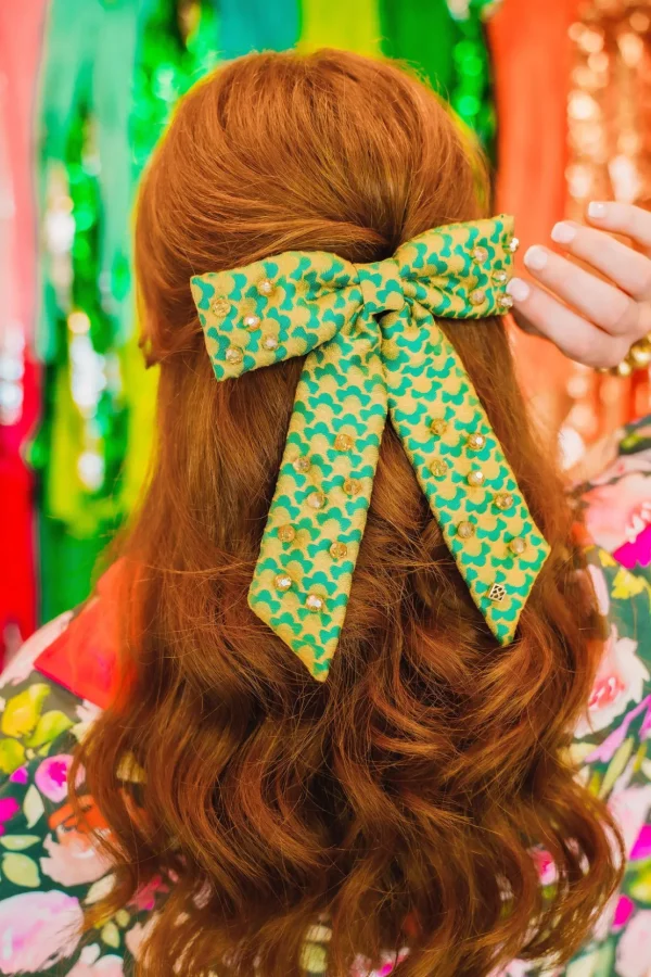 Green Scalloped Bow Barrette With Gold Beads-Brianna Cannon Online